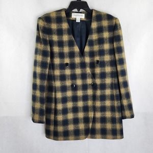 Vintage Jones New York Womens Double Breasted Plaid Wool Blazer Sz 10 USA Made